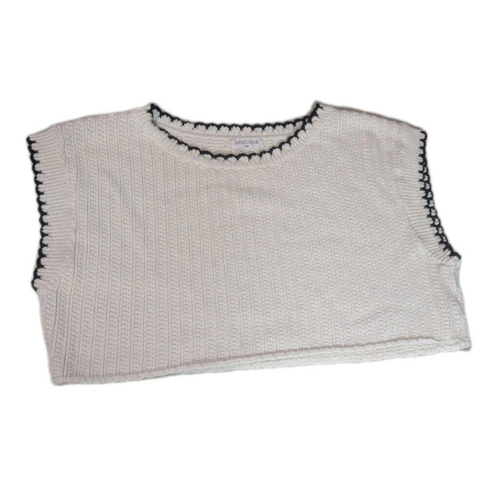 Vestique White Knit Cropped Sweater Vest Black Scalloped Trim Size M/L Regatta